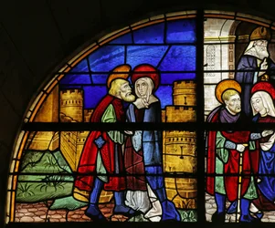 Fenster, das die heilige Anna und Joachim am Goldenen Tor zeigt, 16.-20. Jahrhundert